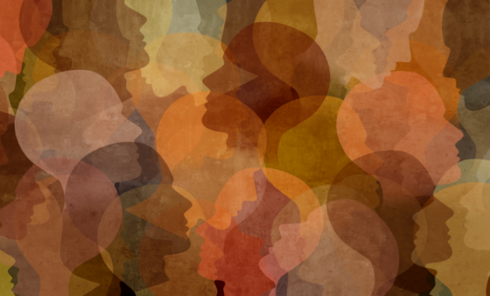 A range of different coloured and positioned silhouettes of heads
