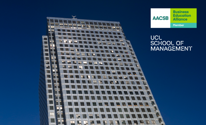 Image of One Canada Square building with AACSB and School of Management logos