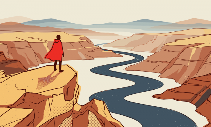 A hero looks out over a canyon in a comic-style image