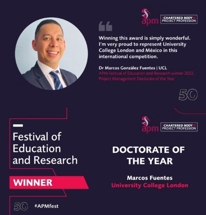 Headshot of Marcos Fuentes with a quote saying how happy he is to have received the award and various other logos from the awarding body