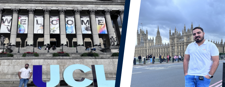 UCL School of Management Business Analytics MSc student Ruoyu Li posing with his dog to a background of UCL School of Management's Canary Wharf campus