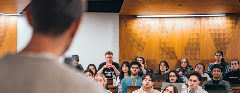 The harvard-style lecture theatres in the UCL School of Management Canary Wharf campus